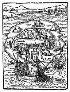 Die Karte der Insel Utopia in der Erstausgabe von 1516.